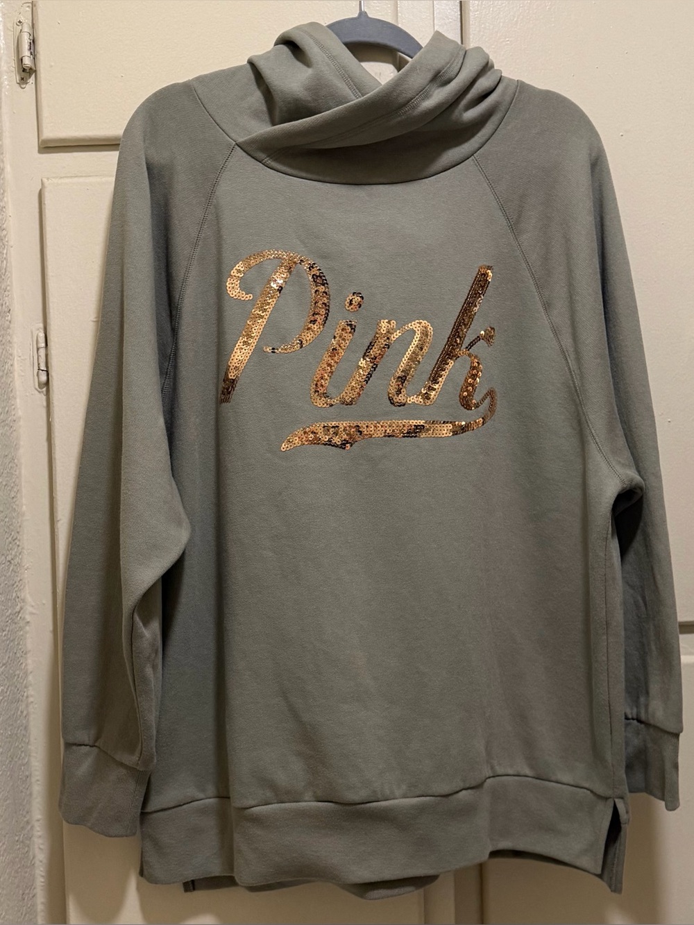 PINK Victoria's Secret Olive Green sweatshirt hoodie Gold Sequin Logo